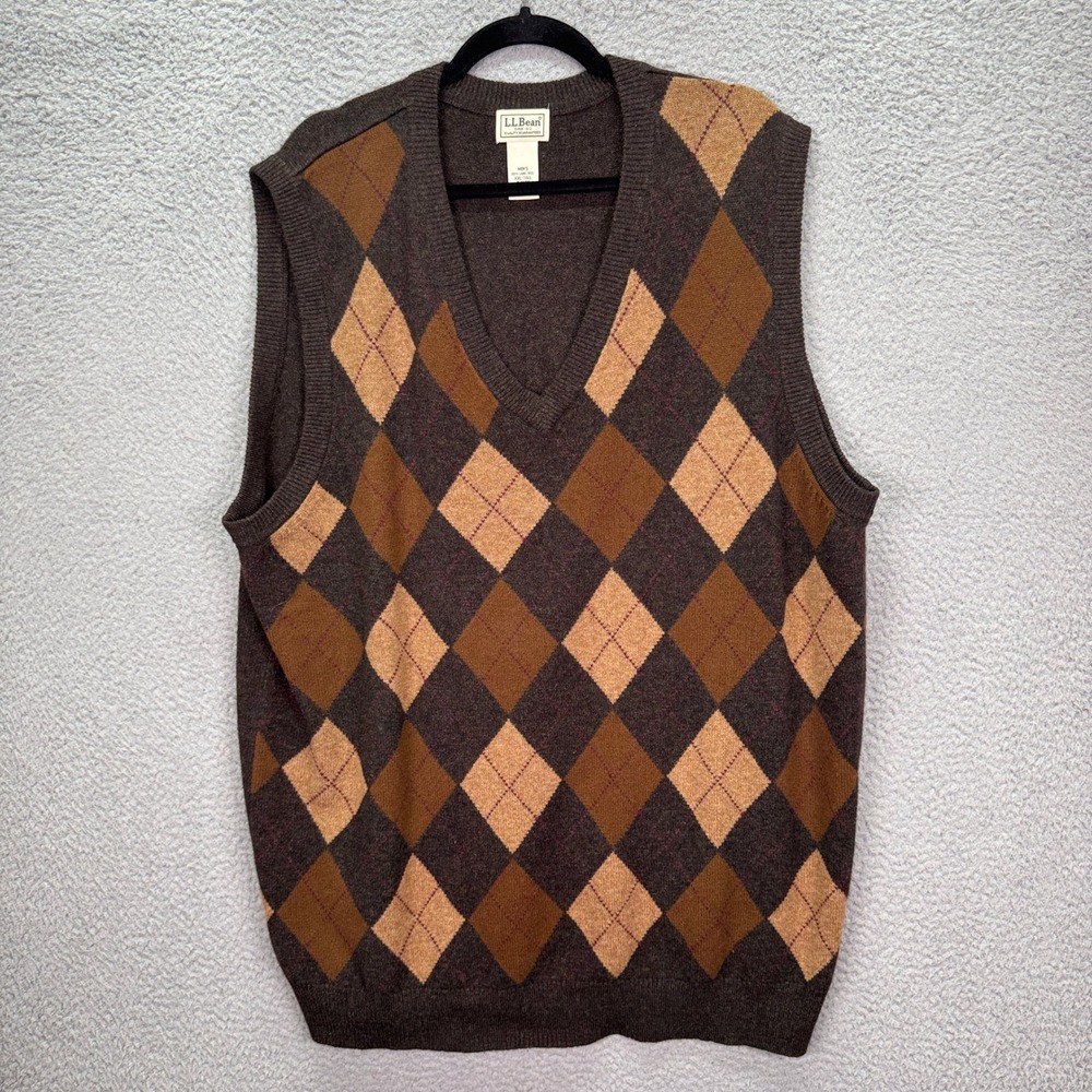 LL Bean Sweater Vest Mens XXL Tall Brown Argyle Lambswool V-Neck Knit Old Money